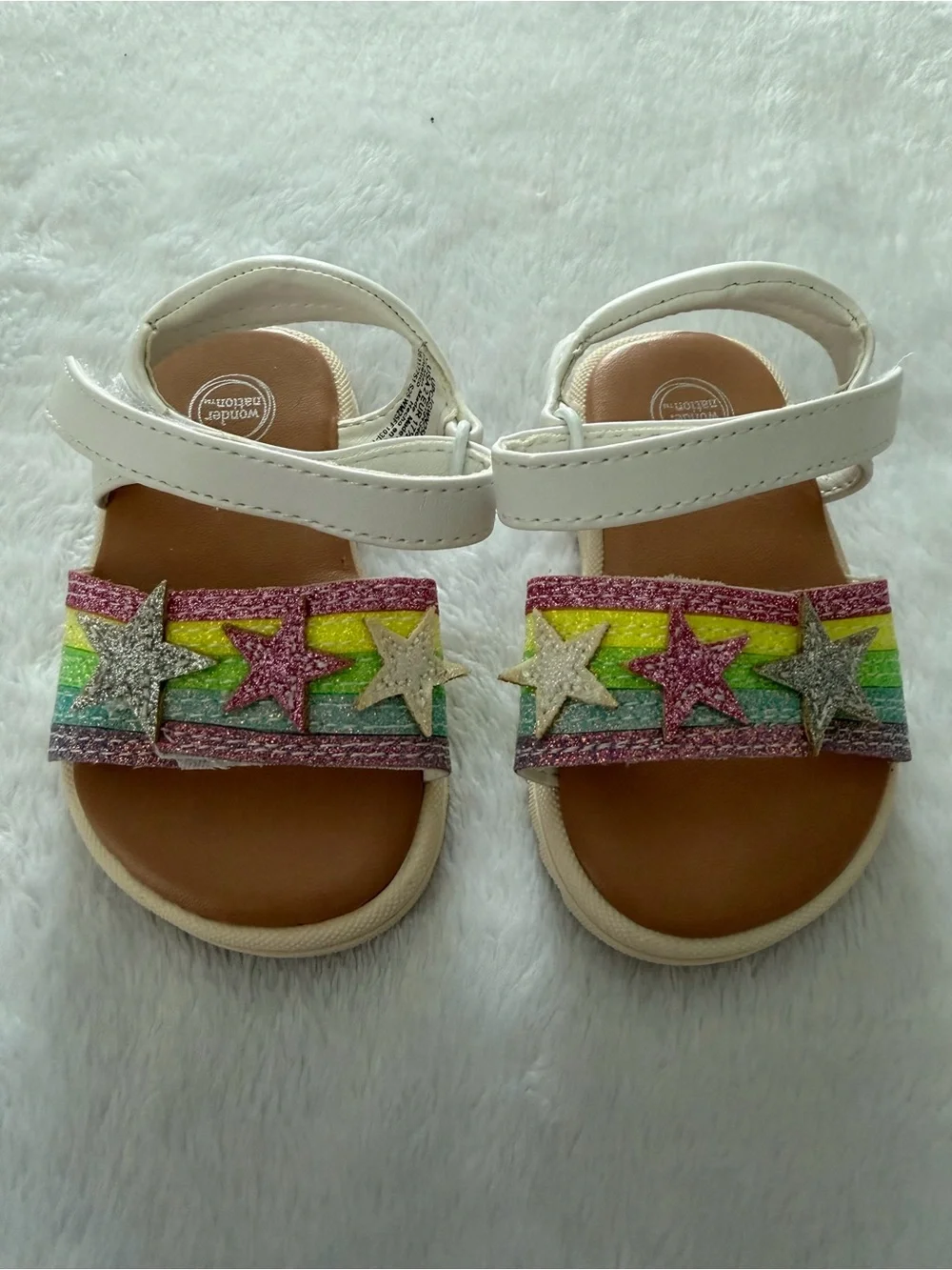 Wonder Nation White Sandals with Rainbow Glitter Straps and Star Accents